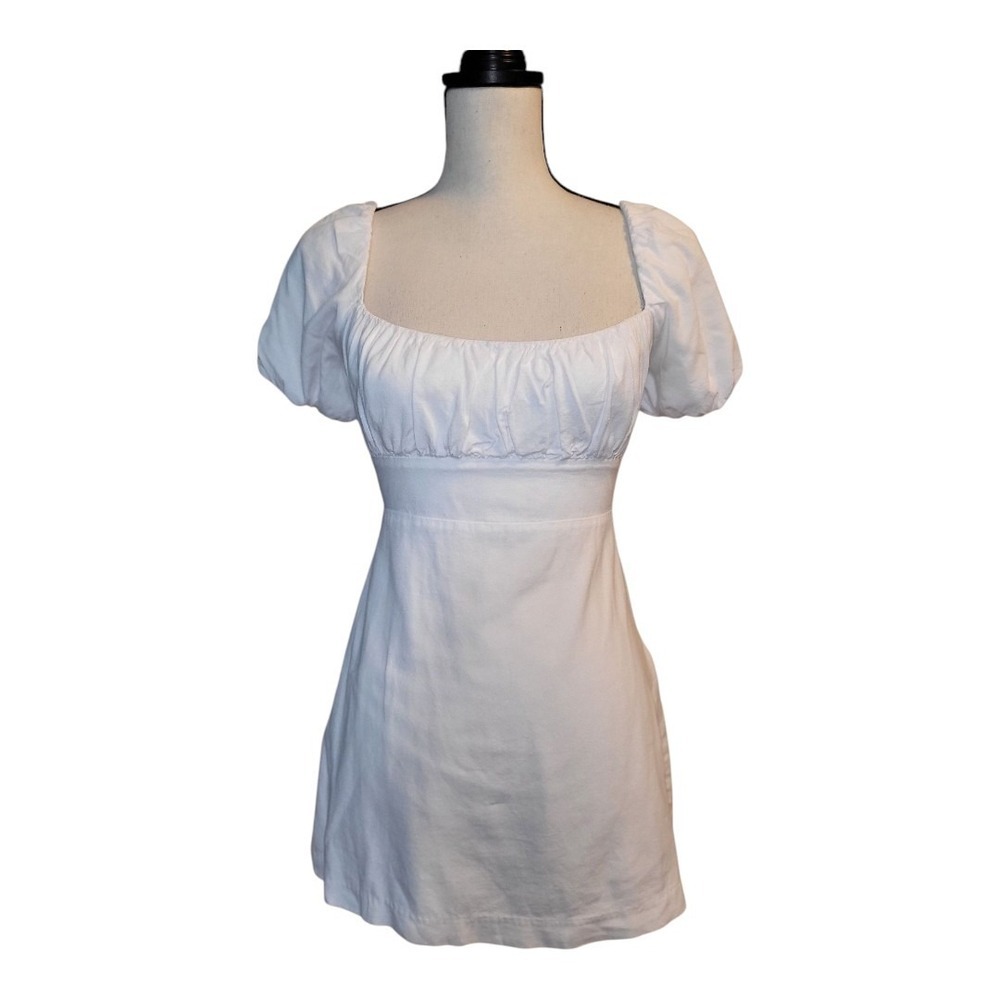 💕Louna Women's Tie Back Puff‎ Sleeve 100% Cotton Mini Dress Medium White